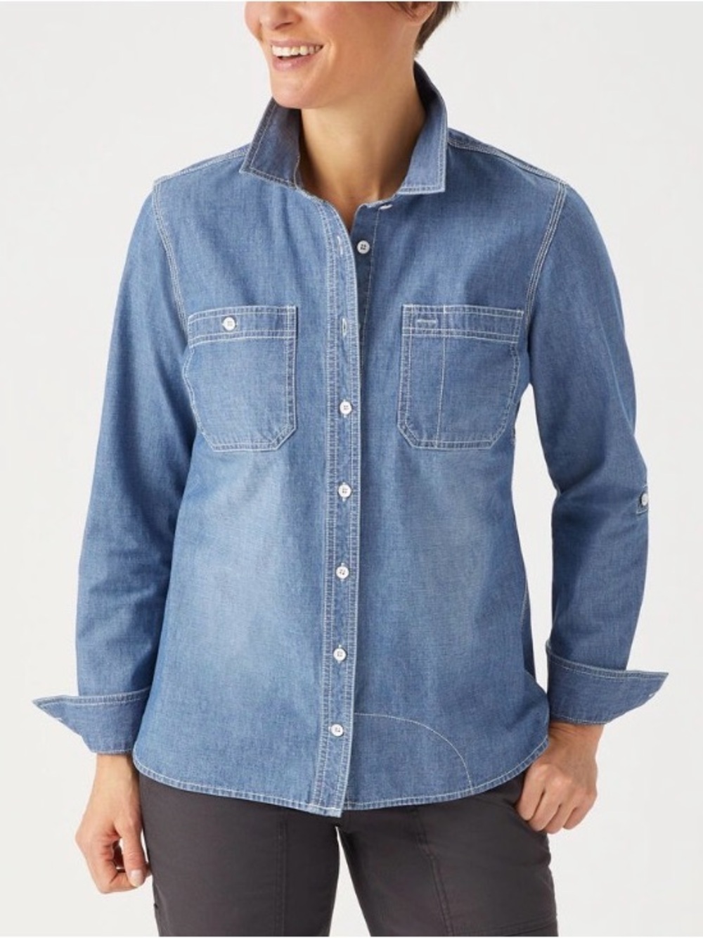 Duluth Trading Co coolmax  Chambray Shirt Wicks sweat, rollup sleeves XL
